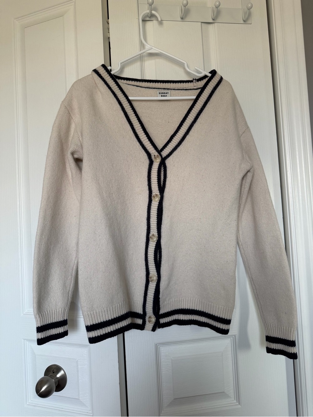 Sunday Best Cream Cardigan with Navy Trim Accents